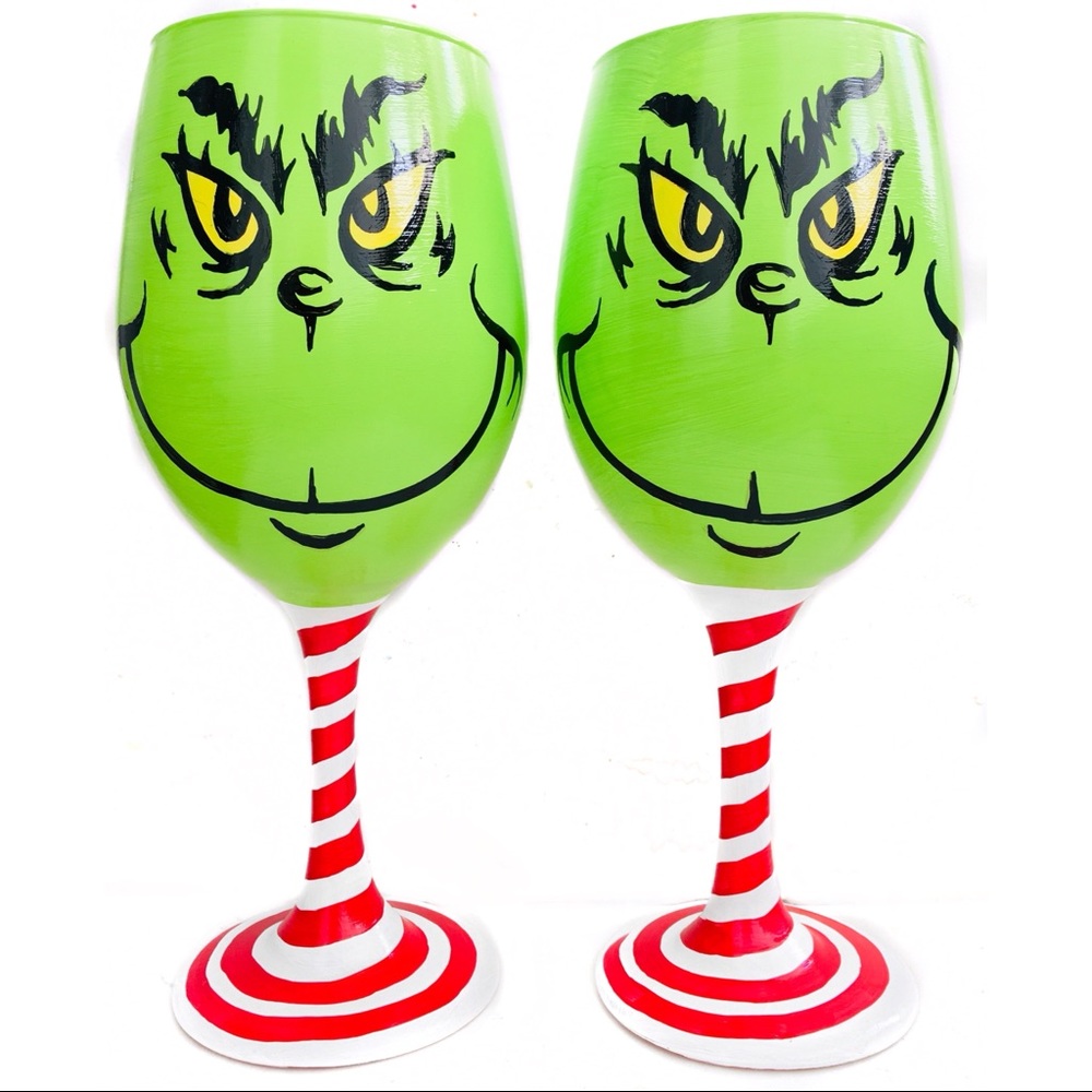 Grinch hand painted wine glasses